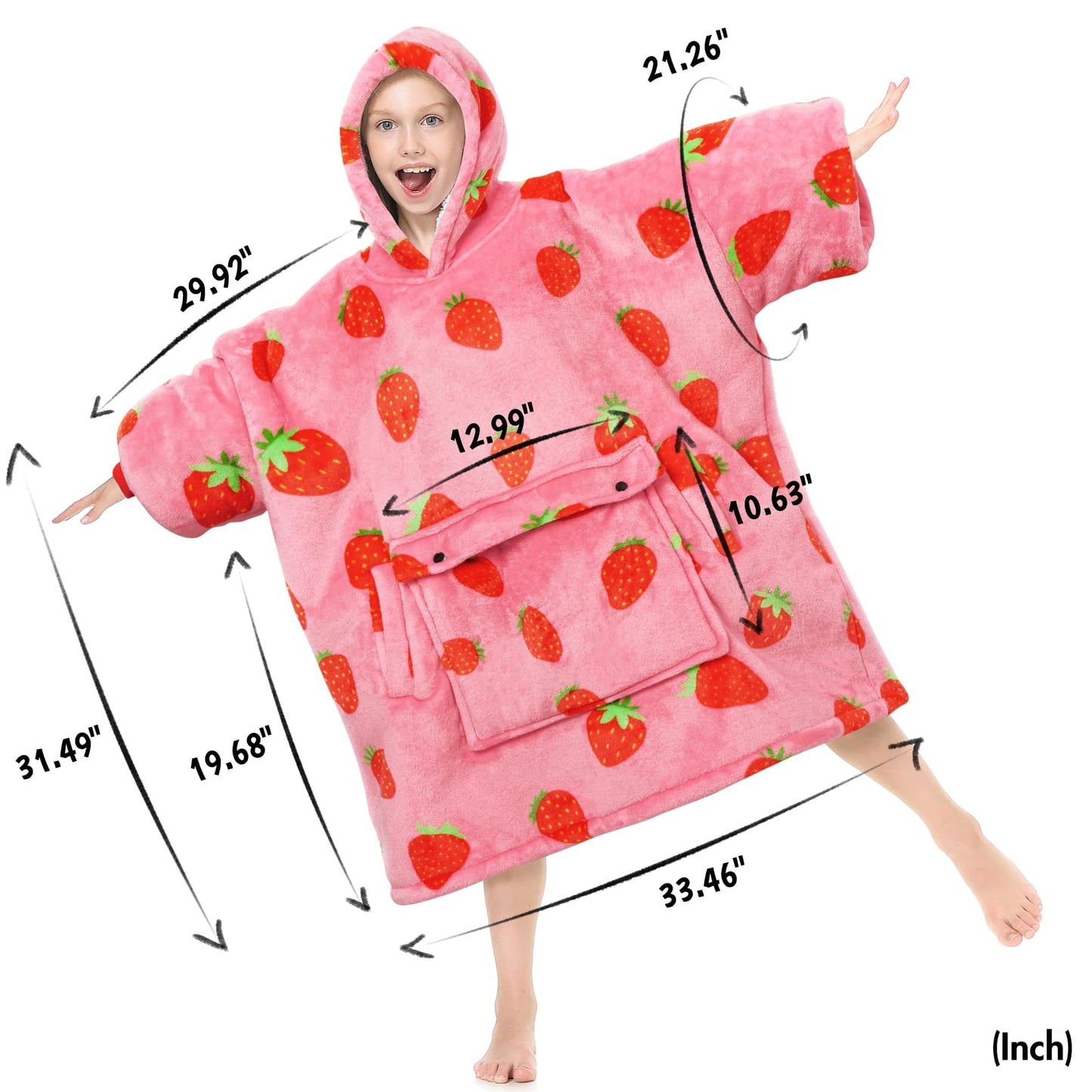 Narecte Kids Blanket Hoodie - Wearable Blanket, Oversized Sweatshirt - Birthday Gifts for Teen Girl & Boy, 6-10YR, Strawberry