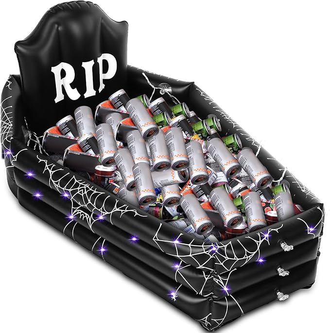 Tanlade 40 Inch Halloween Coffin Drink Cooler 120+cans Large Capacity with Suction Cup and String Light Inflatable Coffin ...