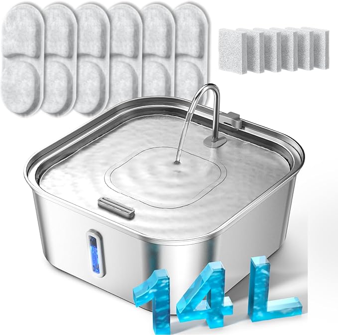 Large Dog Water Fountain 14L/3.7Gal, Stainless Steel Pet Fountain for Large Dogs and Multi-Pets Families, Visible Window &...