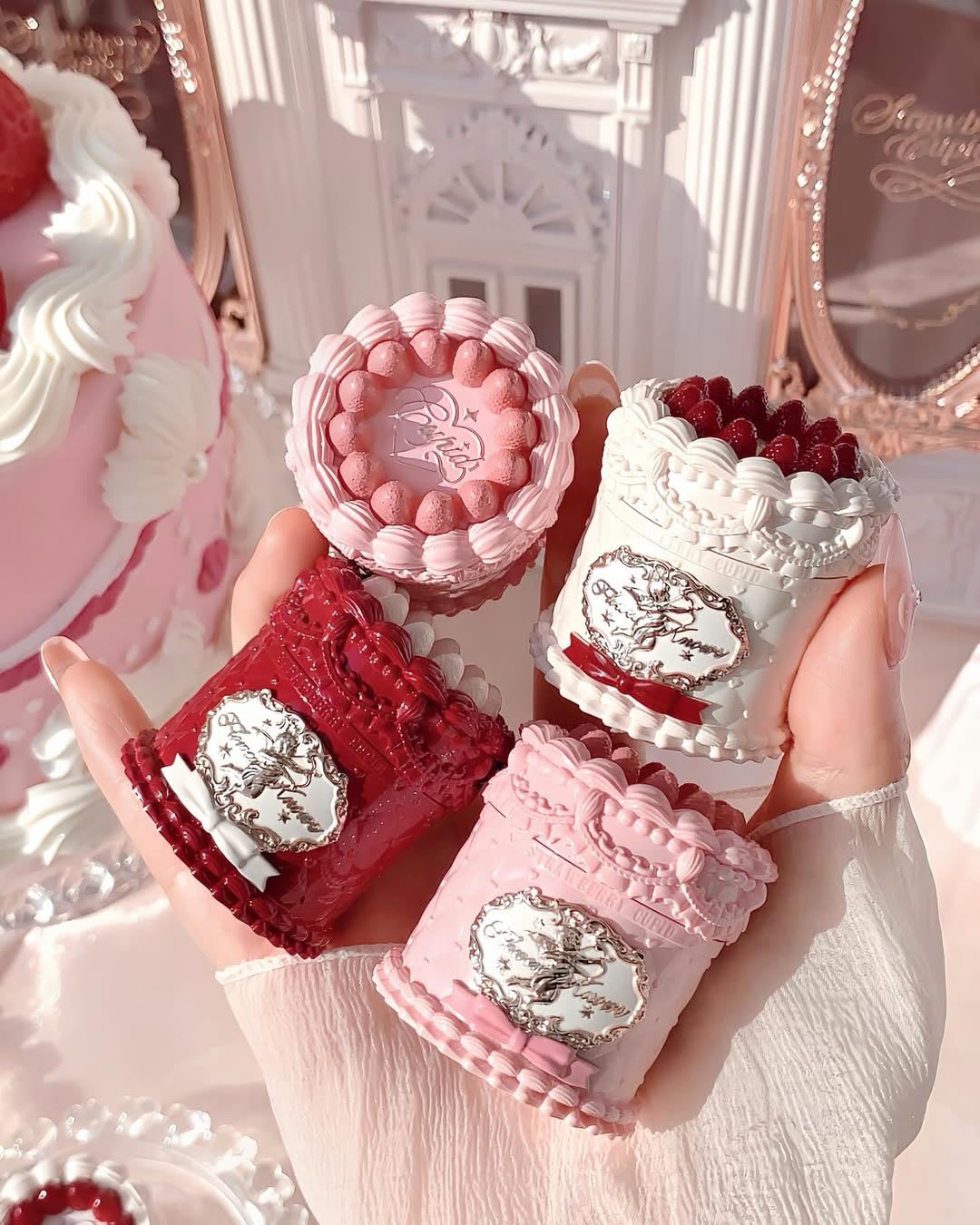 Flower Knows Strawberry Cupid 12-Piece Makeup Gift Box Set,Lip Cream×2+Liquid Blush×2+Makeup Palette×1+Hand Mirror×1+Solid Perfume×1+Hair Clip×1+Cushion Powder Puff×2+Eyeshadow Brush×1+Gift Box×1