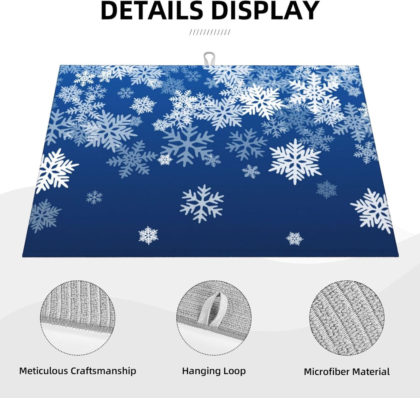 Dish Drying Mat Snowflake Blue Winter Christmas for Kitchen Counter Absorbent 18x24 Inch Microfiber Dishes Plate Glass Dry Draining Pad Reversible Washable