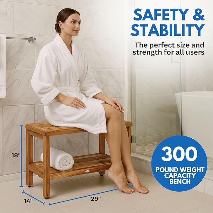 EcoDecors Eleganto 30 Inch Natural Color Waterproof Teak Wood Shower Bench Stool Seat Chair For Inside Shower Provides Safety, Storage, and Organization For Bathroom Accessories