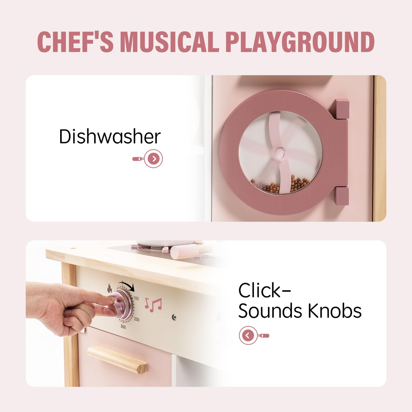 ROBUD Play Kitchen for Kids Toddlers, Wooden Play Kitchen with Realistic Accessories, Toy Kitchen Set with Plenty of Play Features, Modern Style Toy Kitchen for Girls & Boys, Gift for Ages 3+, Pink