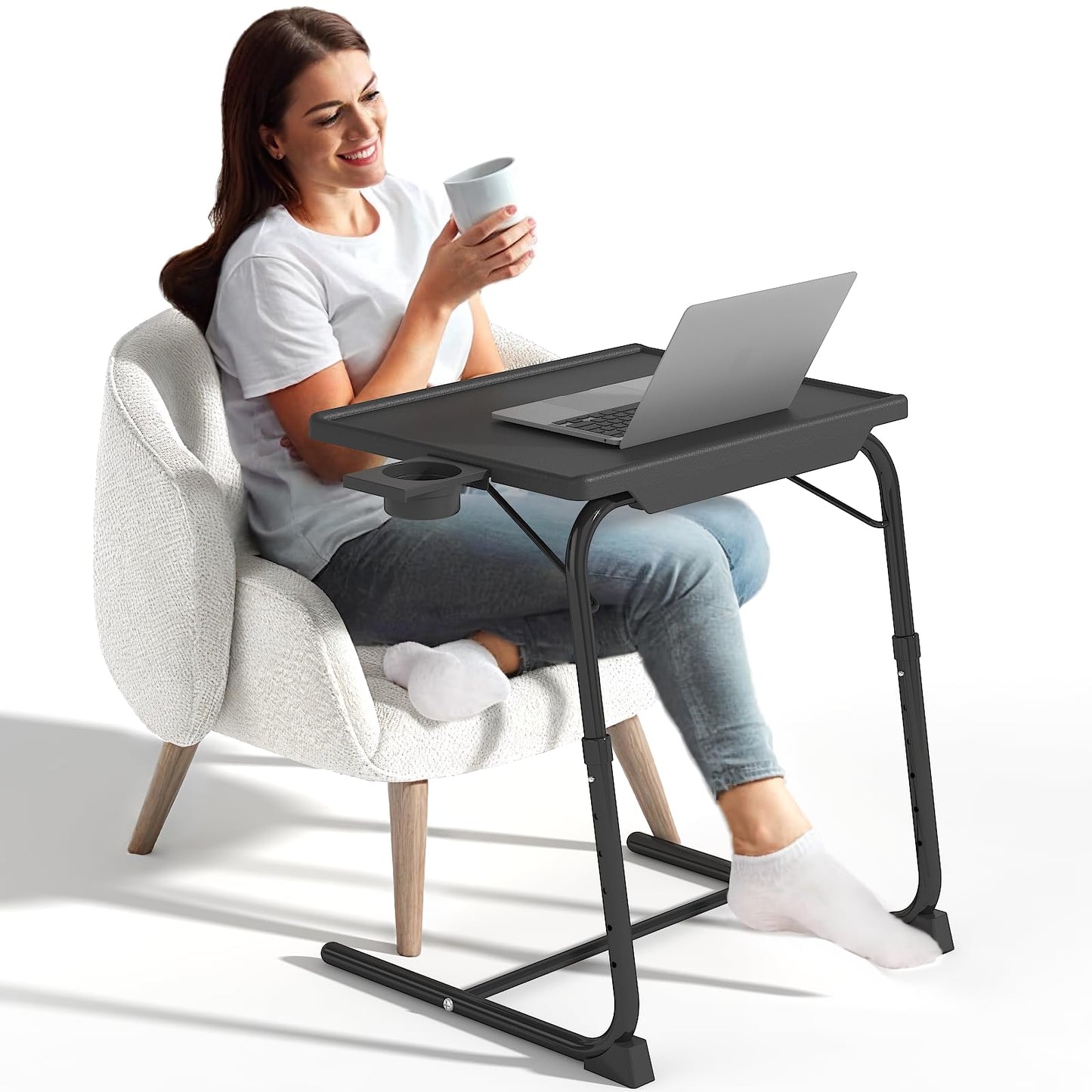IWDOO TV Tray Table, Adjustable TV Dinner Table for Eating on Couch with Cup Holder, Folding Couch Desk with 6 Height & 3 Tilt Angle Adjustments, Comfortable Laptop Stand for Bed & Sofa, Black