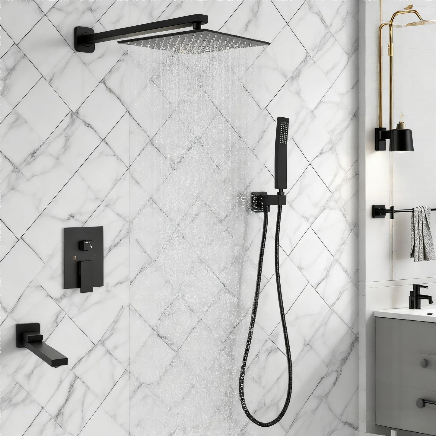 12 inch Square Shower Head and Handheld Set, Gasecoet Shower System with Tub Spout Wall Mounted Shower Faucet for Bathroom - Matte Black (With Shower Valve)