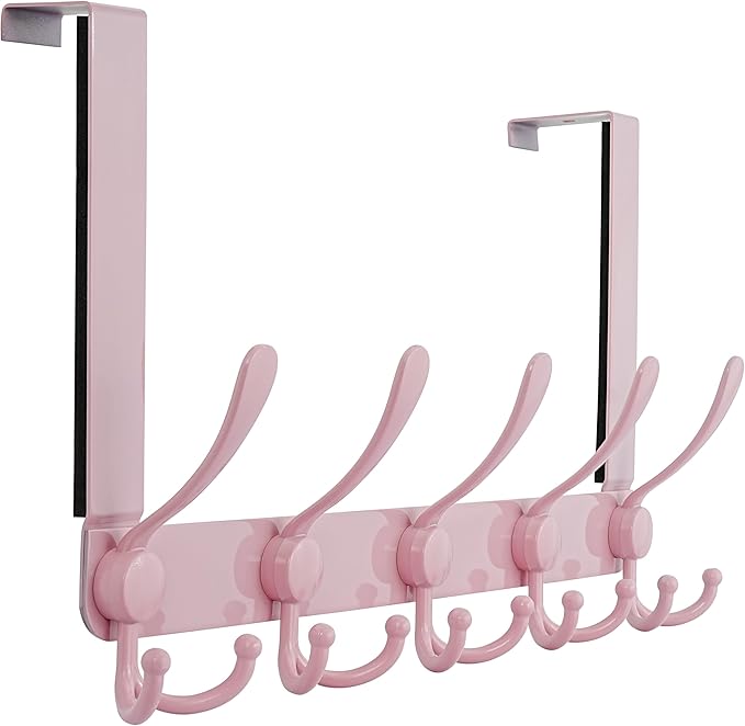Dseap Over The Door Hook Hanger - 5 Tri Hooks, Heavy Duty Over The Door Towel Rack Coat Rack for Clothes Hat Towel, Pink