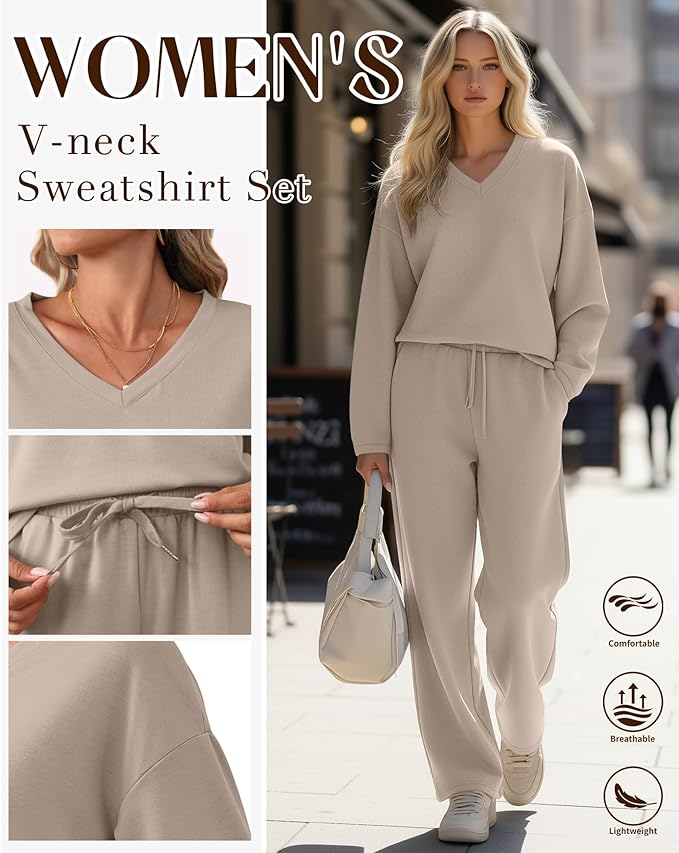 JoyMotion 2 Piece Women's Sweatsuit, V Neck Oversized Tracksuit Wide Leg Pant Fall Lounge Set Long Sleeve Sweatshirts Outfit