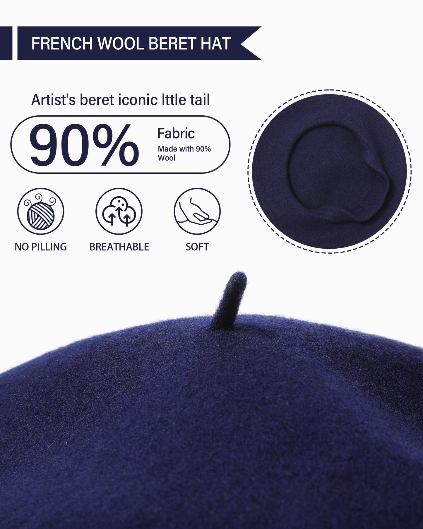 AWAYTR Wool French Beret Hats - Solid Color Artist Beret Hat for Women and Kids (Navy Blue,Kids)