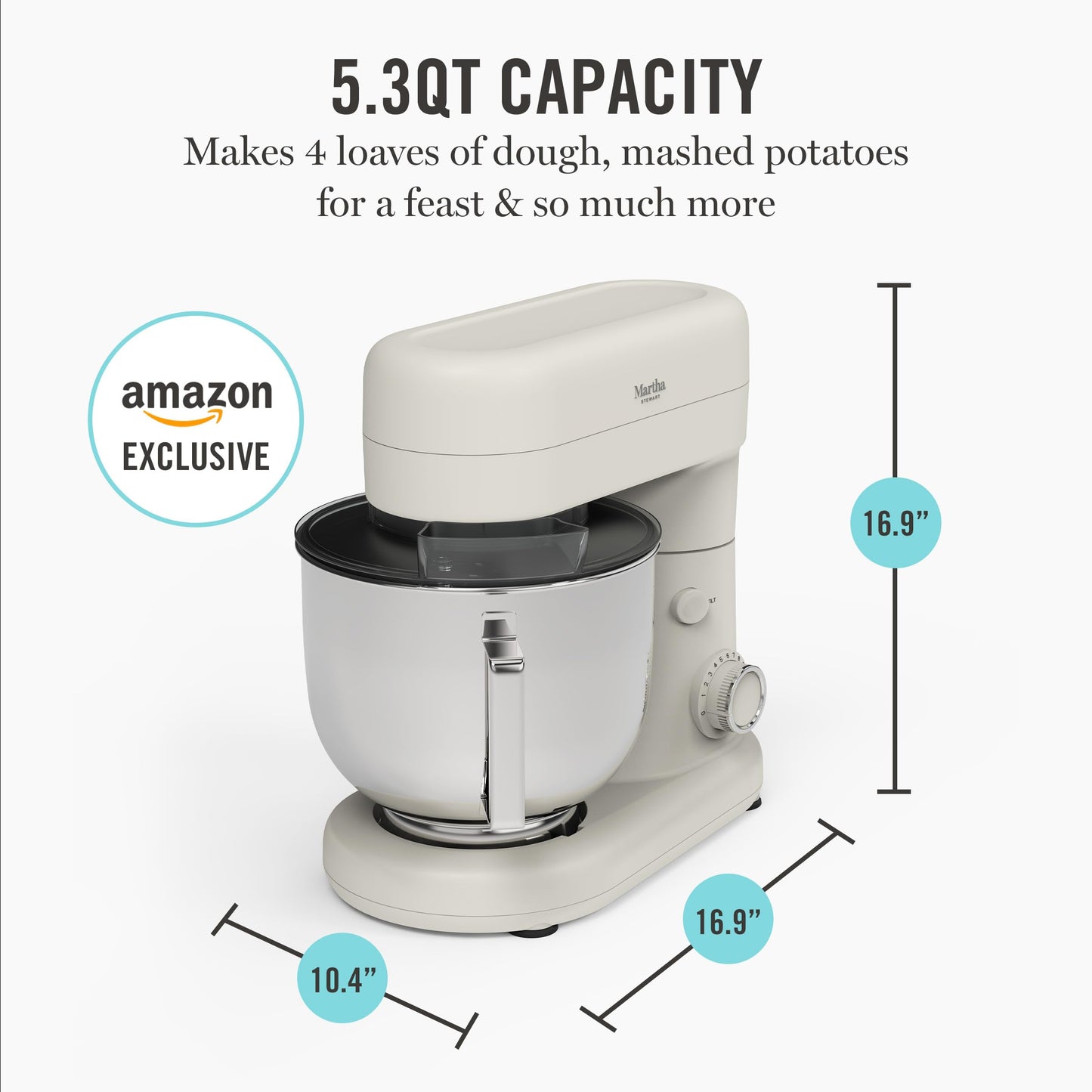 Martha Stewart  Tilt-Head Stand Mixer, 12 Speed, 5.3QT Stainless Steel Bowl, Splash Guard with Pour Chute, Whisk, Dough Hook, Flat Beater, Electric Kitchen Baking Mixer, Bread, Cake, Whip, Linen White