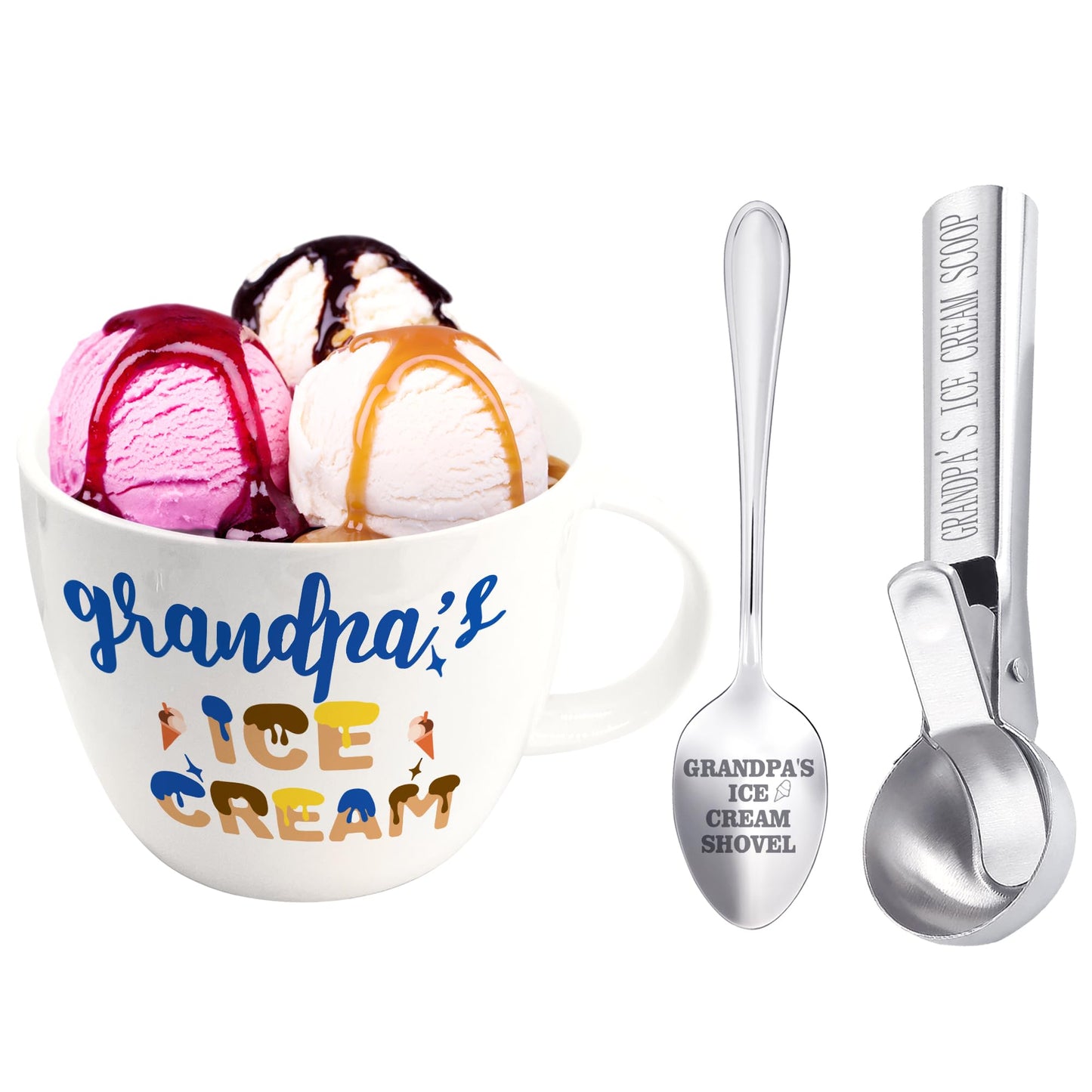 Dolficy Grandpa Gifts, Grandpa Birthday Gift from Grandkids, Grandpa's Ice Cream Bowl Scoop Shovel Spoon Set, Grandpa’s Ice Cream Gift, Christmas Birthday Grandparents Day Present for Him Man