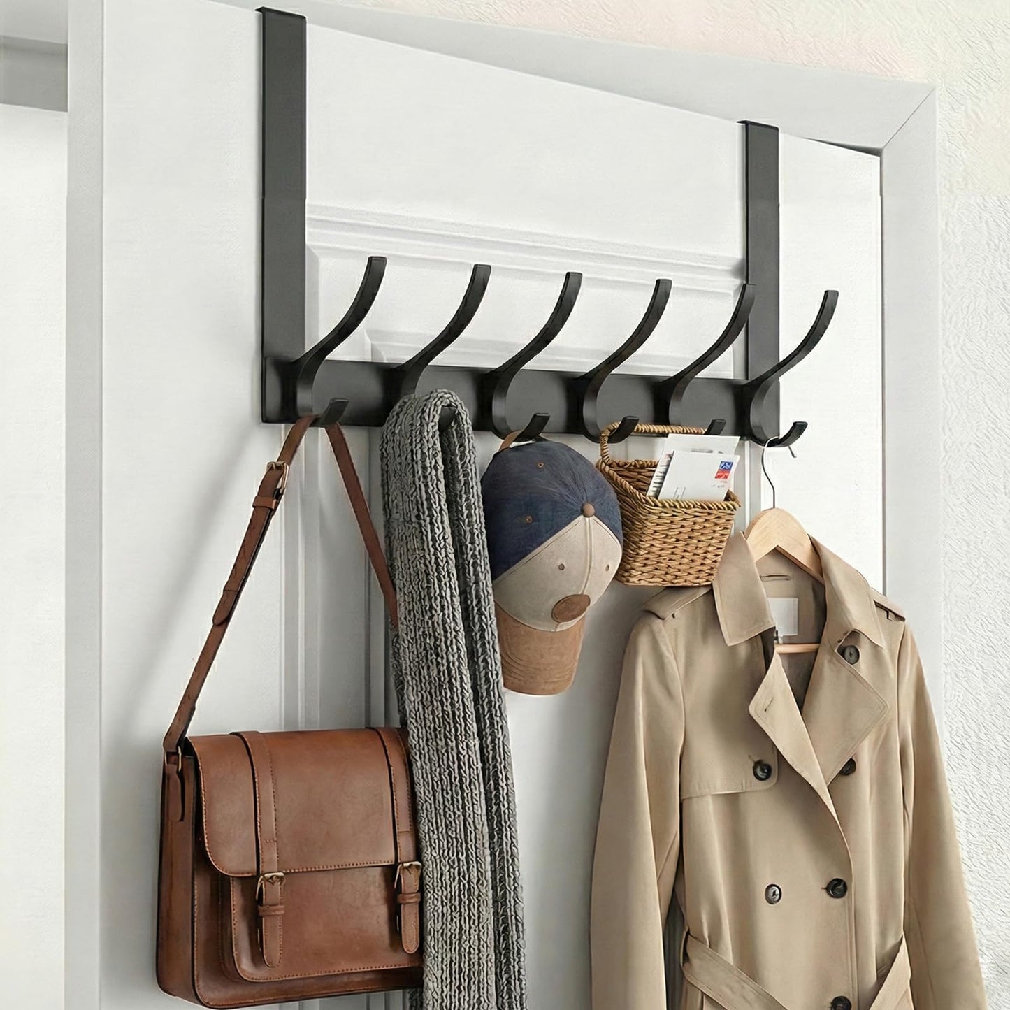 Peasulin Over The Door Hooks, Sturdy Door Hanger, Large Over The Door Towel Rack with 12 Hooks, Heavy Duty Easy to Install, for Bathroom, Bedroom，Kitchen，Hanging Towels, Coats (Black).
