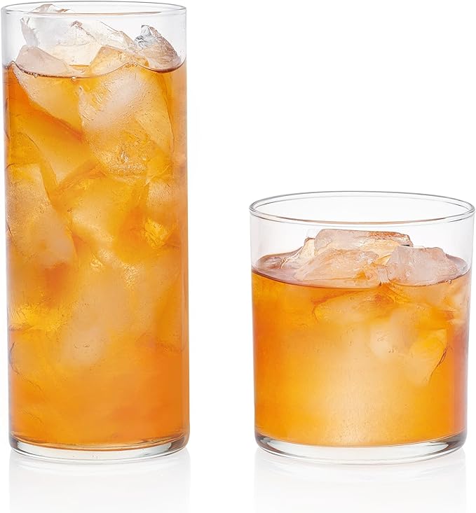 Libbey Miles Tumbler and Rocks Bar Drinkware Glasses Set, Clear All-Purpose 16 Piece Glassware Set, Sleek Glass Drinking C...