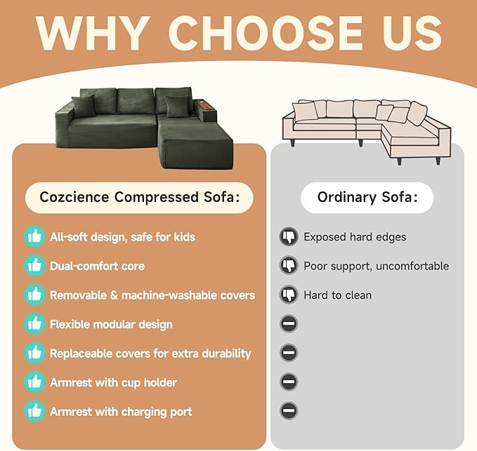 Modular Sectional Sofa Cloud Couch with Multi-Functional Armrests, Boneless Plush L-Shape Living Room Couch with Deep Seat, Fluffy Comfy Sleeper Sofa Easy Assembly (Green, Left Chaise)