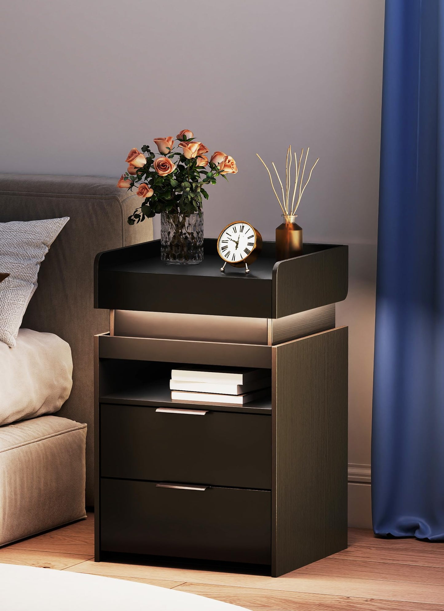 Night Stand with Gun Drawer - Modern Nightstand with Charging Station & LED Lights Widen Bedside Tables with 2 Drawers Hidden Sliding Top Storage Open Cabinet End Table for Living Room Bedroom Black