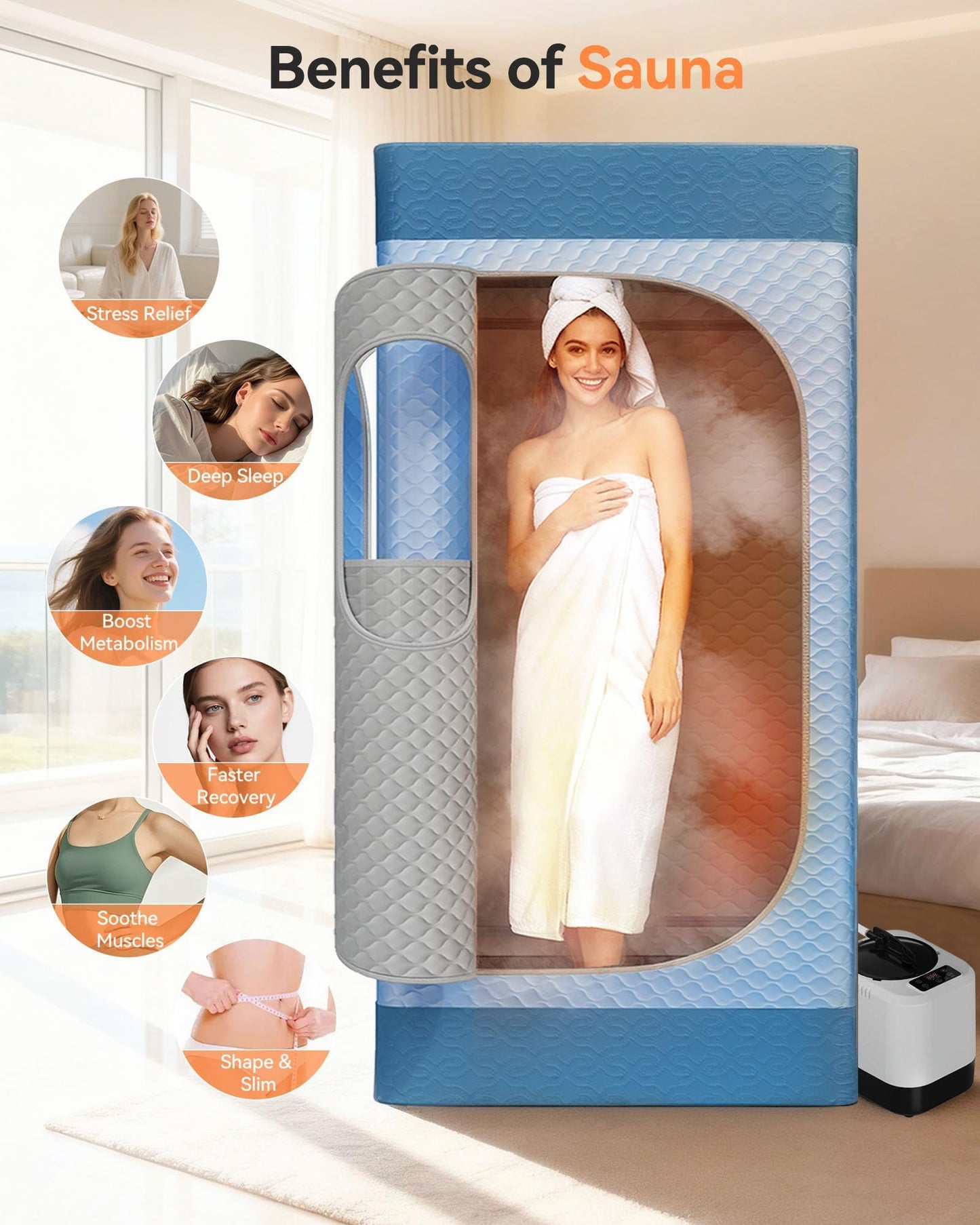 Portable Sauna for Home with 3L 1200W Steamer, Big Folding Chair, 99 Mins Timer, 9 Levels, Pernoanl Steam Sauna Tent Dual YKK Zippers for Home Spa Detoxification, 32' x32' x 71' (Light Blue)