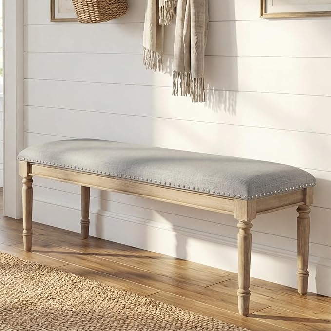 chairus Farmhouse Dining Bench 46" Wooden Entryway Bench with Padded Seat and Nailhead Trim for Kitchen Bedroom,Indoor and Hallway, Grey Linen