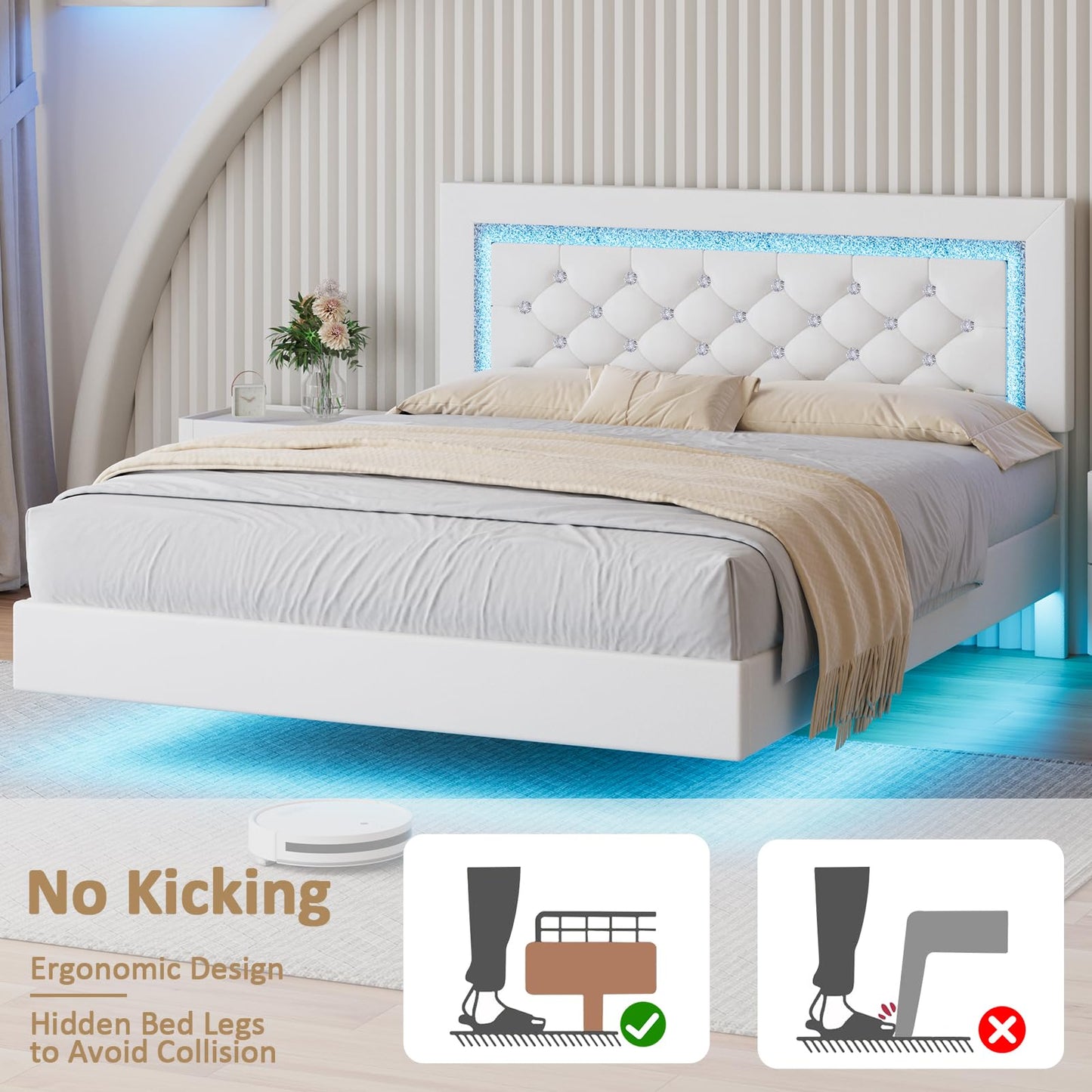 Floating Bed Frame Queen with LED Lights, Upholstered Platform Bed with Diamond Tufted Headboard, No Box Spring Needed, Noise Free, Easy Assembly, White