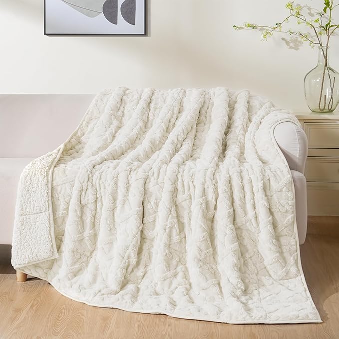 Uttermara Weighted Blanket for Adults Queen Size 20lbs 60x80 inches, Dual Sided Soft Jacquard Sherpa Weighted Blankets, Thick Heavy Blanket for Sleeping and Calming, Cream White