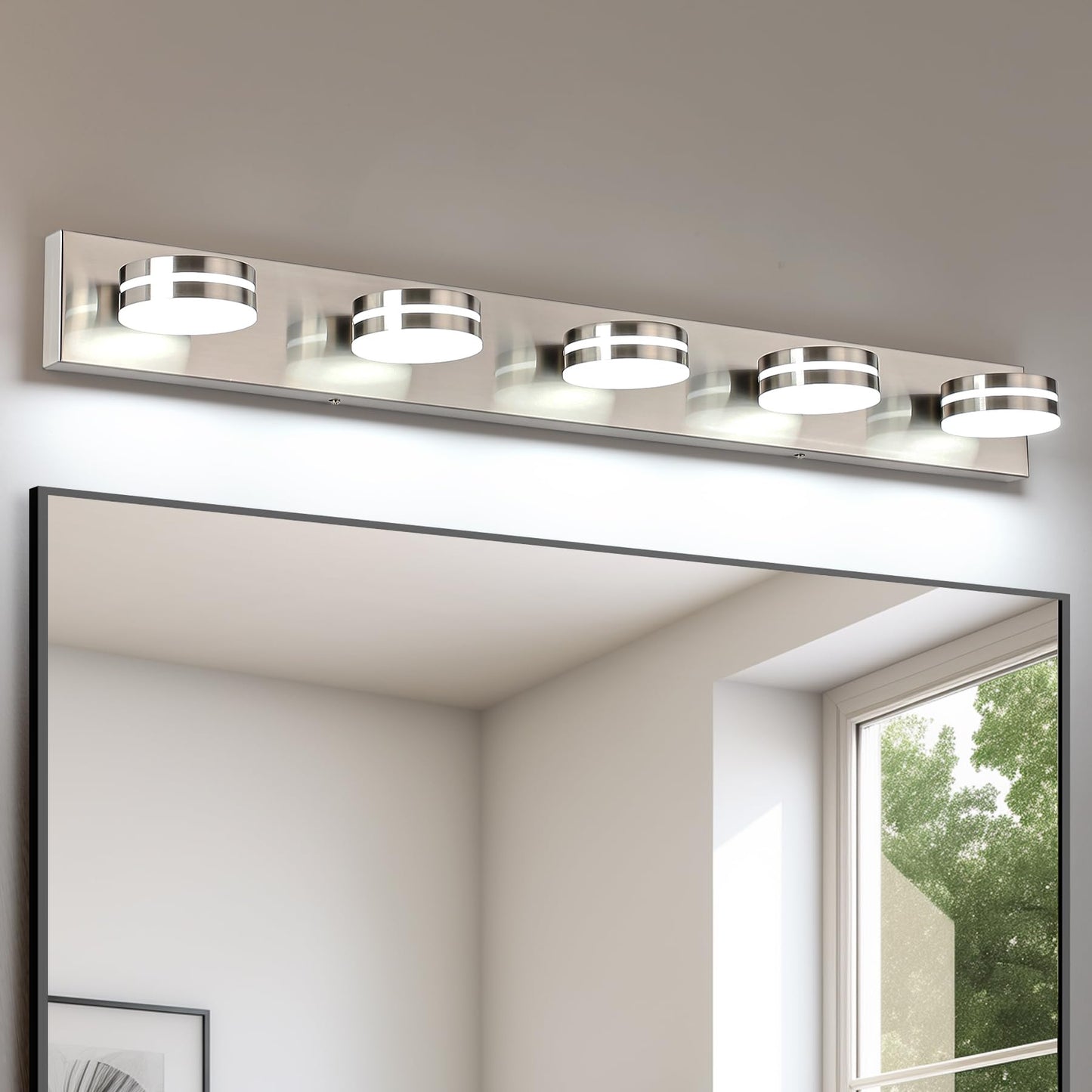 Bicrink Brushed Nickel Bathroom Light Fixtures Over Mirror, 5-Light Bathroom Vanity Light, LED Dimmable Bath Lights, Modern Dimmable Vanity Lighting with Rotating Lamp Head, 5500K