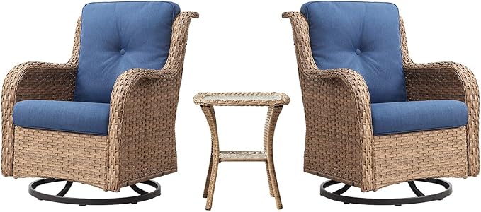 Belord Outdoor Swivel Rocker Patio Chairs - 360 Degree Swivel Glider Seating 350LBS Weight Capacity 3 Piece Wicker Rocking Chairs Set with Side Table for Porch Balcony Deck, Yellow/Blue