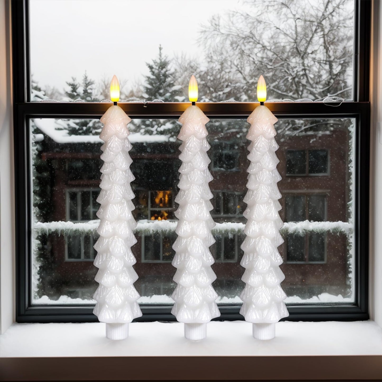KunSwenn Christmas Tree Candles Battery Operated with Remote, Waxy White Christmas Flameless Tree Taper Candles with Flickering Flame, Set of 3 Winter LED Candlesticks for Xmas Home Decor(0.78”x9.8”)