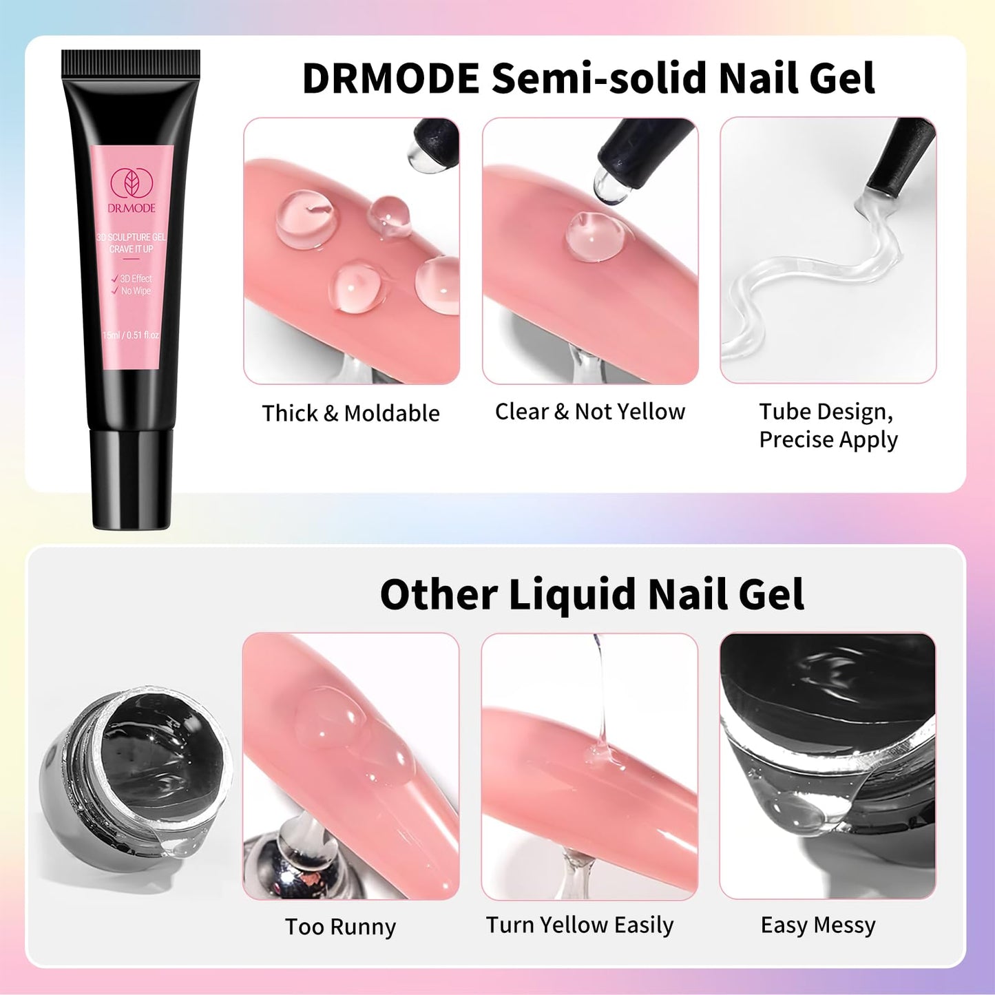3D Nail Gel Art and Gold White Pearl Chrome Nail Powder Kit, 3 in 1 No Wipe Clear 3D Sculpting Gel for Nail Art, 15g Semi Solid