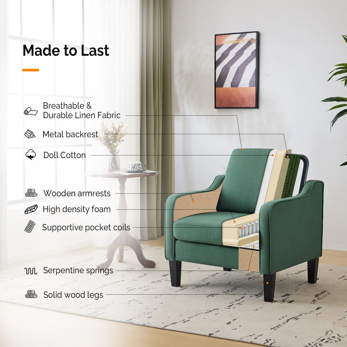VINGLI Accent Chair for Living Room Chairs Dark Green Reading Chair for Bedroom Scooped Arm Chair Mid Century Modern Accent Chairs Upholstered Comfy Chair for Apartment, Waiting Room