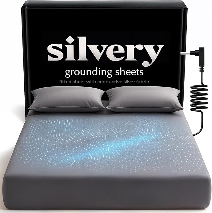 Silvery Silver-Infused Grounding Bed Sheets - Silky-Soft Earthing Fitted Sheet with Grounding Cable & Guide - 90% Lyocell 10% Conductive Silver for Better Sleep & Natural Recovery (Twin XL)
