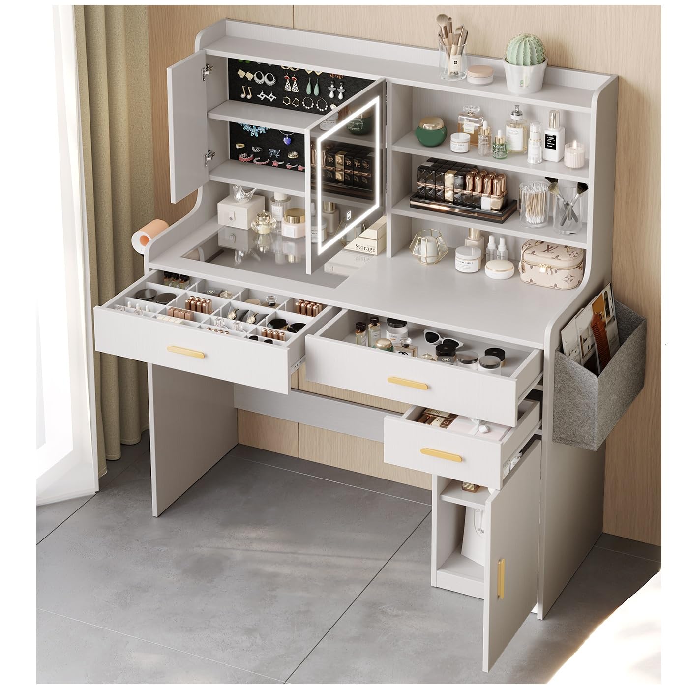 KATYGLORY Vanity Desk with Mirror and Adjustable LED Lights Makeup Vanity Table for Bedroom with Glass Tabletop Power Outlet Storage Bag 3 Drawers 1 Cabinet and 6 Storage Shelve,White