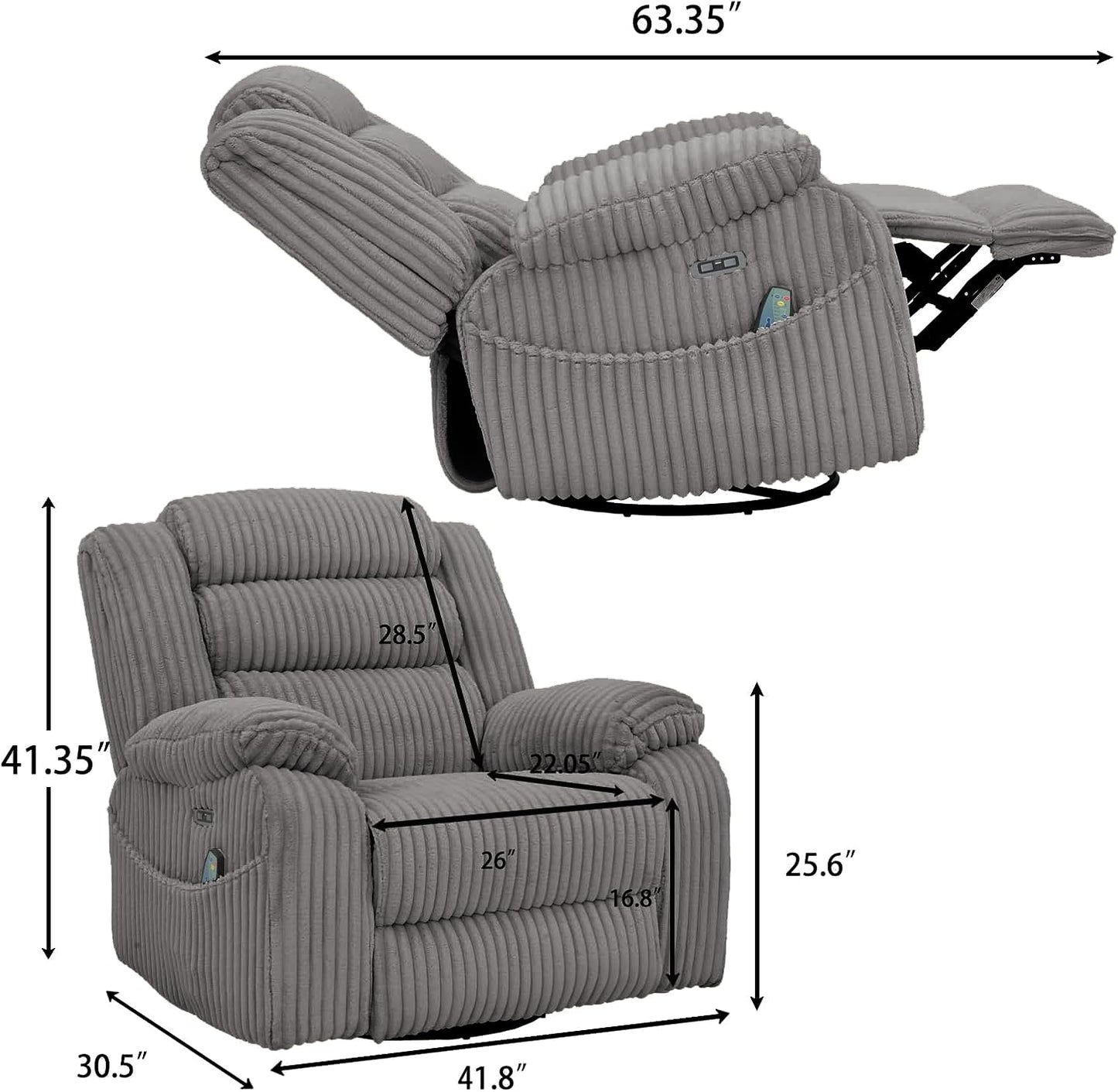 ERYE Power Reclining Chair 270° Swivel Rocker Chair W/Vibration Heat and USB-C Ports,Power Control Recliner Armchair Corduroy Upholstered Nursery Armchair for Living Room Bedroom