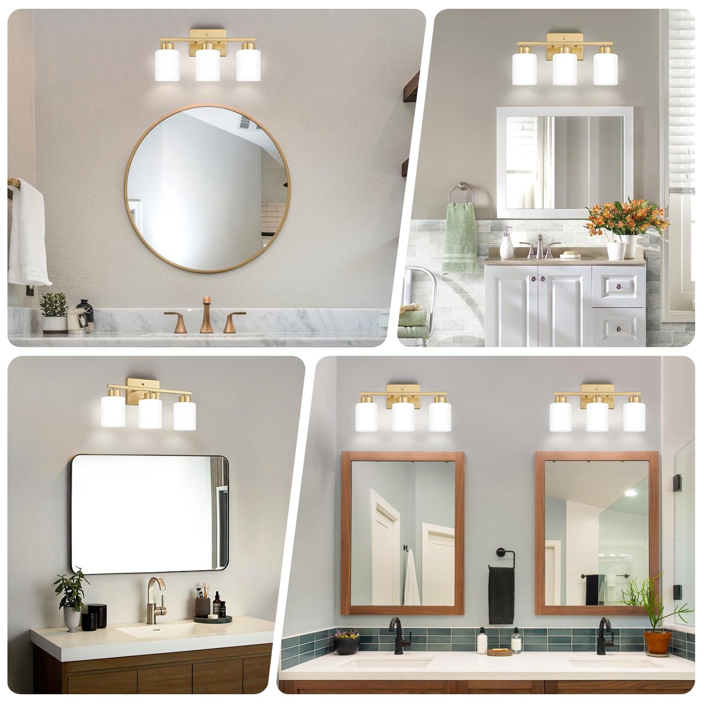 FonmYim Gold Bathroom Light Fixtures, 3-Light Modern Vanity Light Over Mirror, Wall Sconces with Milky White Frosted Glass Shades, E26 Socket (Bulbs Not Included)