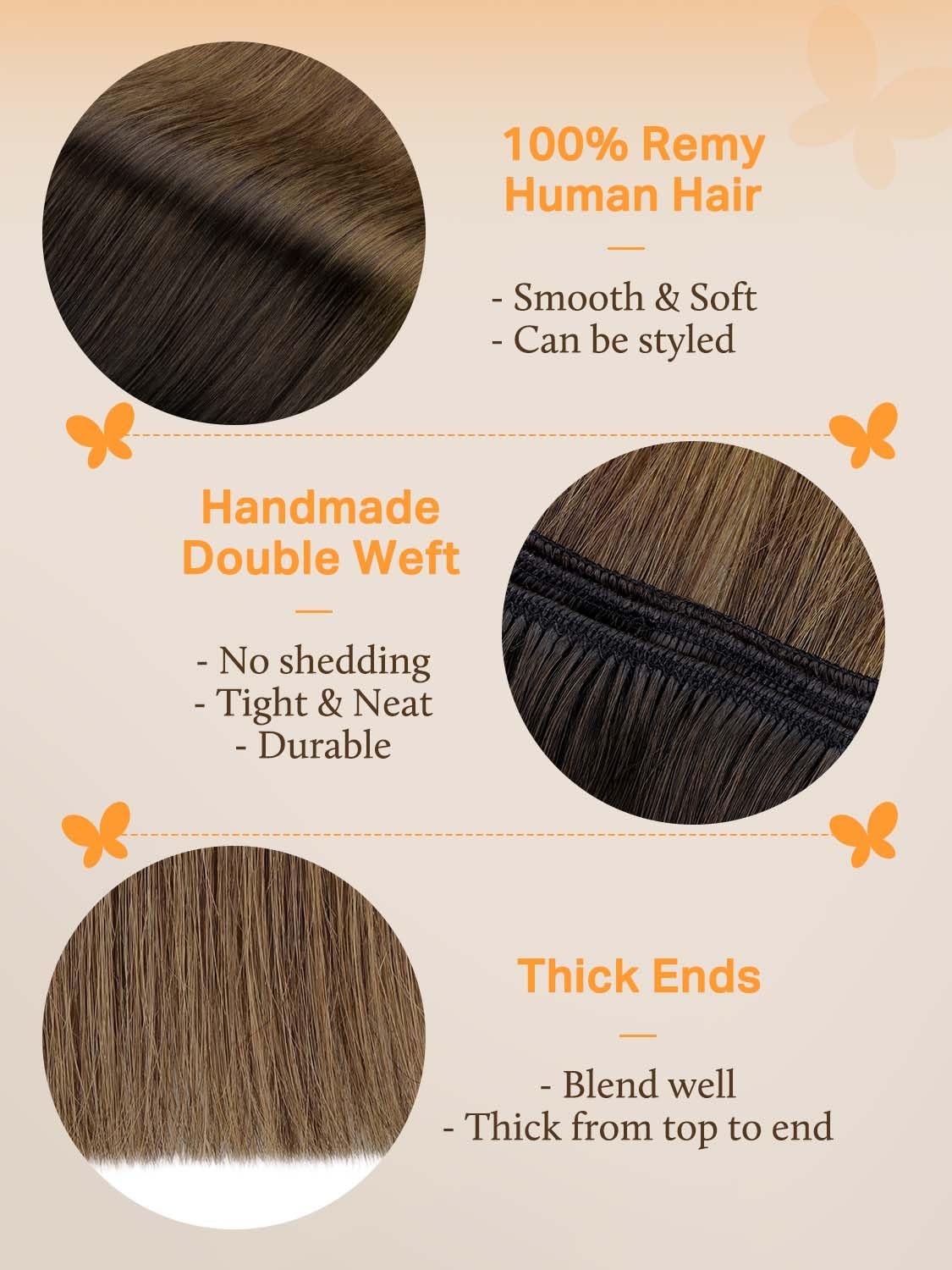 DOORES Hand-Tied Weft Hair Extensions Human Hair, 22 Inch 110g Chocolate Dip Color Melt, Real Human Hair Weft Extensions