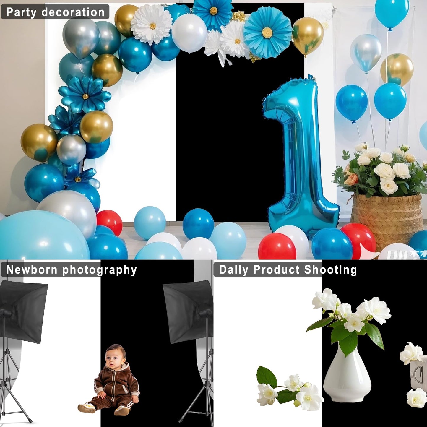 LYLYCTY Black White Photography Backdrop for Photoshoot, 2-in-1 Revisible Black Backdrop White Screen Background for Video Photography Gaming Streaming5x7ft