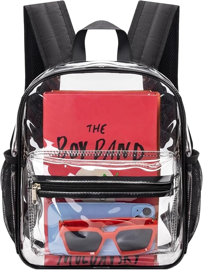 MAY TREE Clear Backpack for Stadium Events, 12x11x5 Inches Small Clear Backpack for Concert Festival Sports Outdoor - Black