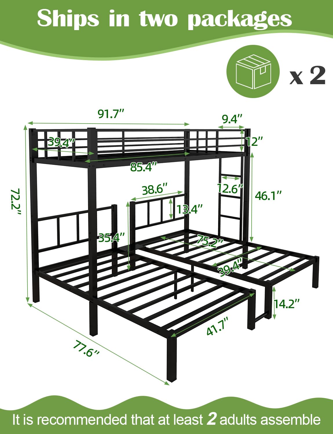 HKOLIE Twin Over Twin & Bunk Beds for 3, Triple Bunk Bed for 3 with Guardrails, Ladder & Upper-Bed Platform, for Children, Teens, Adults, No Box Spring Needed, Black