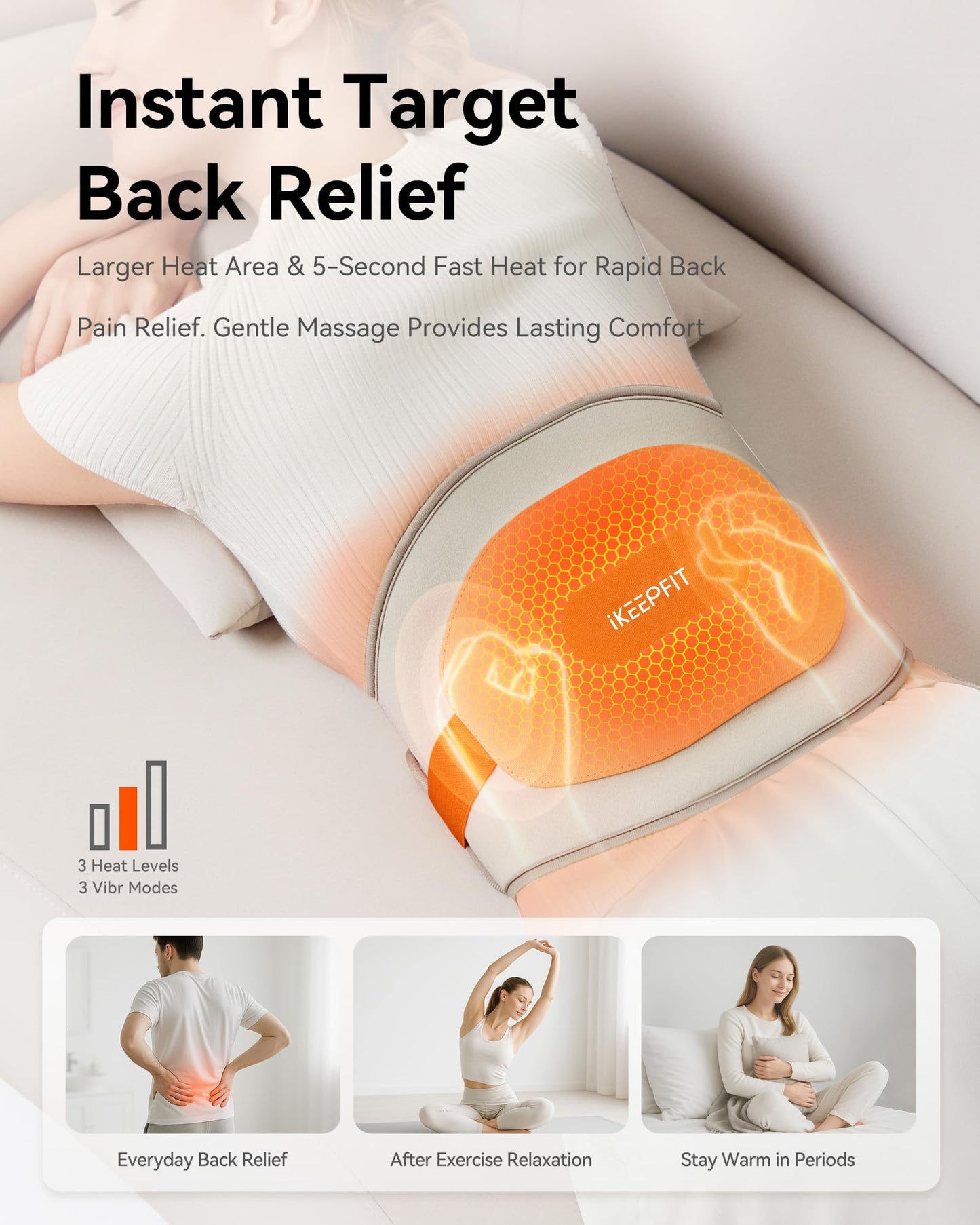IKEEPFIT Portable Heating Pad for Back, Cordless Wearable Heat Belt with Massager for Lower Back Pain Relief, Battery Powered 8000 mAh Rechargeable, MAXwarm® 3.0, Gift for Women Men 90-310 lbs