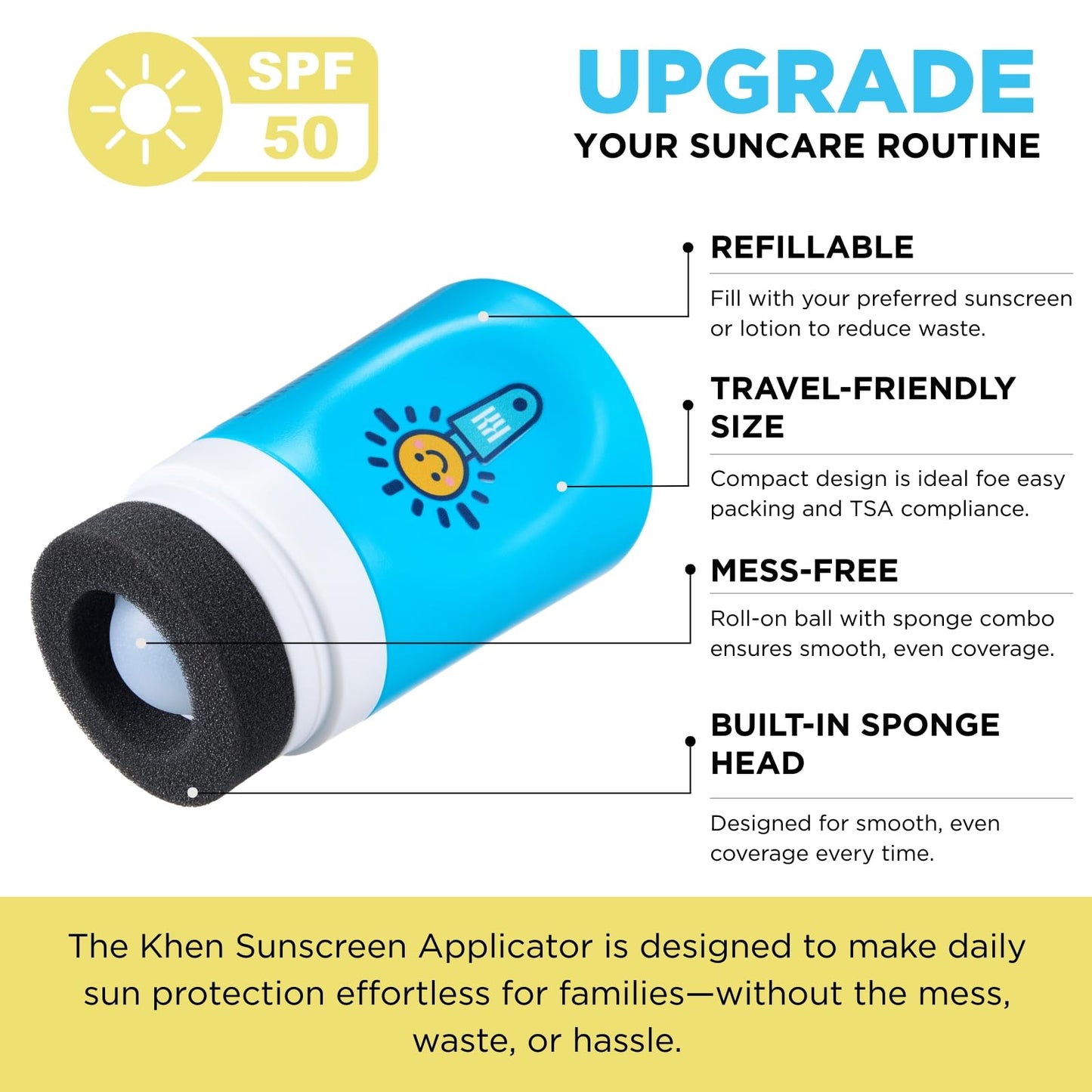 Sunscreen Applicator With Broad Spectrum SPF 50+ Sunscreen UVA/UVB Protection, Water-Resistant 5oz - Kids, Adults & Families, Re