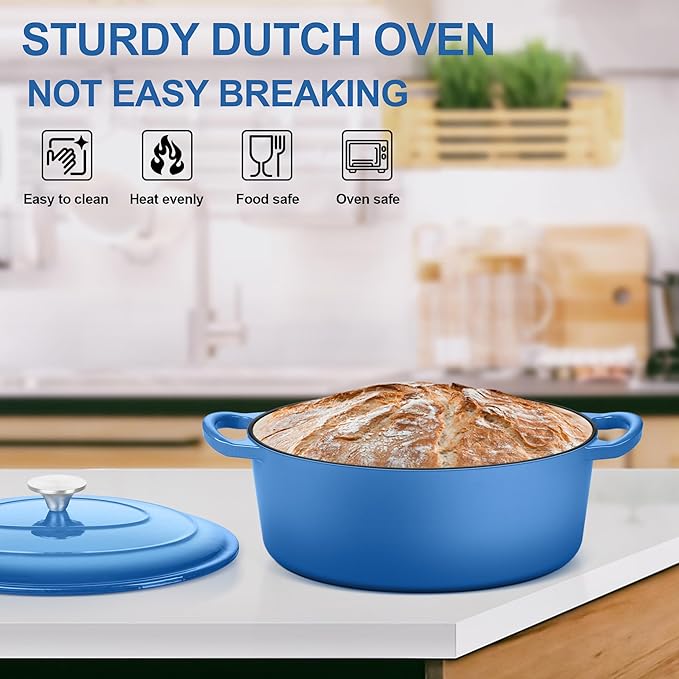 E-far 7QT Oval Dutch Oven Pot with Lid, Enameled Cast Iron Dutch Oven with Dual Handles for Sourdough Bread Baking Cooking, Nonstick Enamel Coated Cookware(Blue), Non-Toxic & Easy Clean