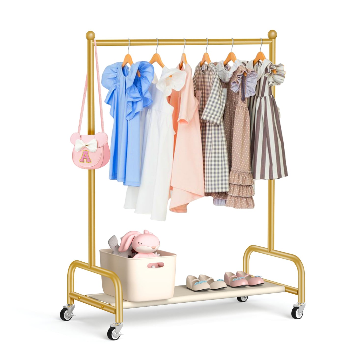 SLEEPING LAMB Kids Dress Up Rack with Wheels, Metal Small Kids Clothing Rack for Hanging Clothes with Bottom Shelf, Baby Dress Up Storage Wardrobe for Little Girls,Toddler, Gold
