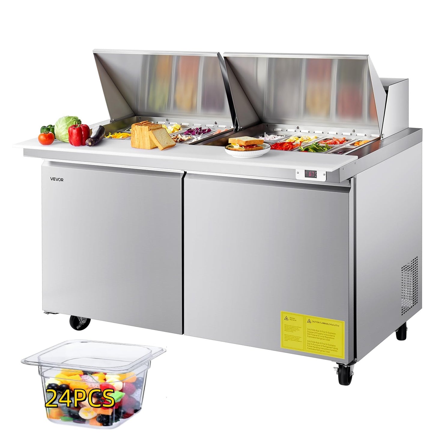 Vevor 60W Commercial Refrigerator, 15.4 Cu. Ft Sandwich Prep Refrigerated Table, Mega Top Food Prep Fridge With 24 Pans And Cutt