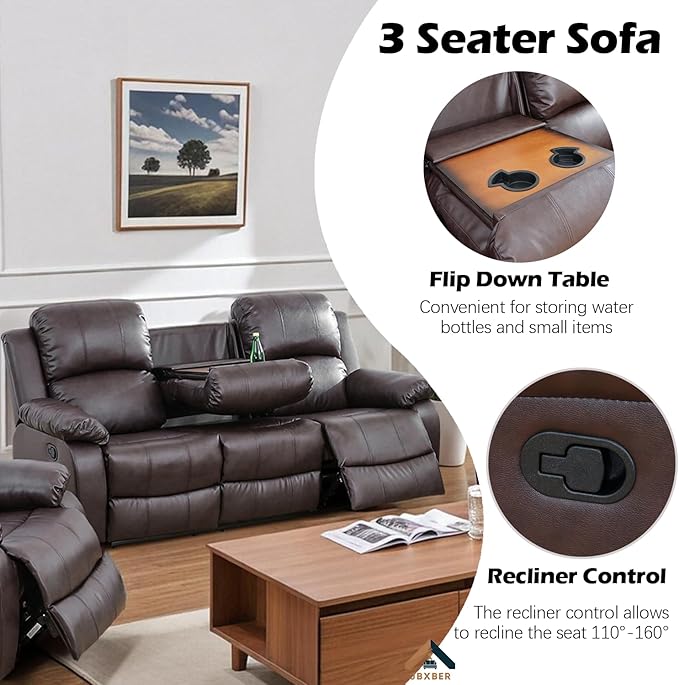 JBXBER Manual Recliner Sofa Set for Living Room, Leather Reclining Sofa Sets, Faux Leather Couch Set with Cup Holders, Drop-Down Table and Storage Console(Loveseat,Brown)