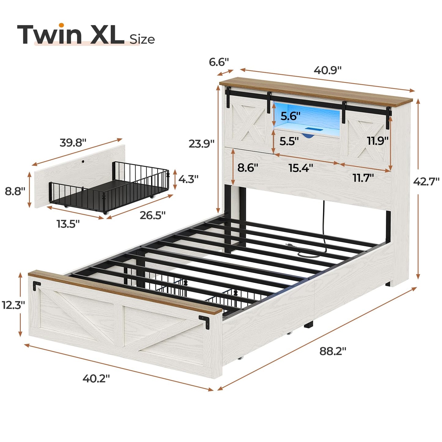 Hasuit Farmhouse Bed Frame Twin XL Size with 2 Storage Drawers, Wooden Platform Twin XL Bed with LED Lights and Charging Station, Rustic Headboard with Sliding Barn Door Storage Cabinets (White)