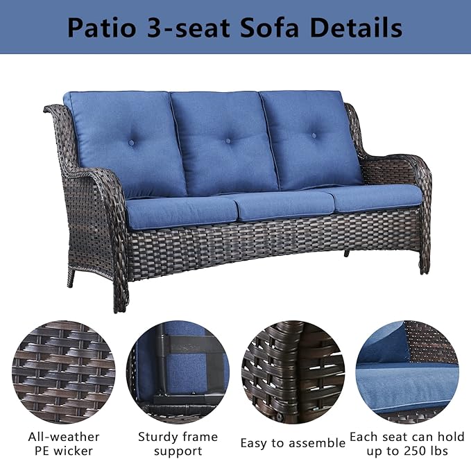 Belord Wicker Patio Furniture Sets - 13 Piece Outdoor Rattan Furniture Conversation Sets with 4 Swivel Rocker Chairs, 2 Rattan Sofas, Wicker Ottomans and Coffee Table, Brown/Blue