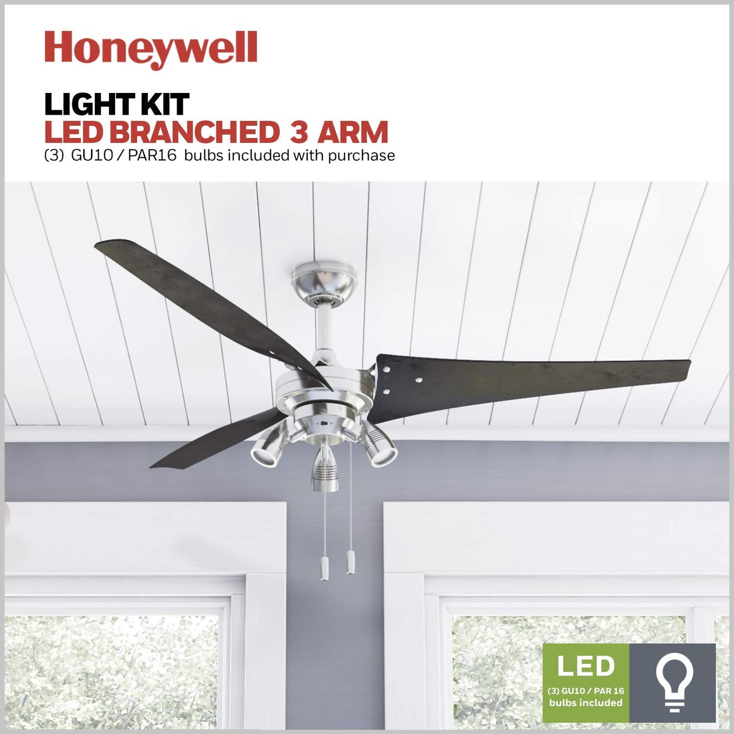 Honeywell Ceiling Fans Phelix, 56 Inch Contemporary Indoor LED Ceiling Fan with Light, Pull Chain, Dual Mounting Options, Modern High Performance Blades, Reversible Motor - 50611-01 (Brushed Nickel)