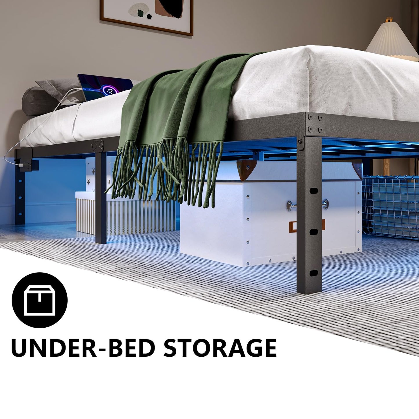 HAVONIZD Queen Bed Frame with LED Lights & Charging Station - 14 Inch Heavy Duty Metal Platform Bed Frame No Box Spring Needed, Easy Assembly, No Noise
