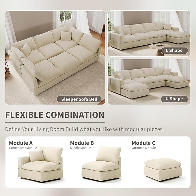 Cloud Couches for Living Room, 95.4" 3-Seater with Ottoman L Shaped Modular Sectional Sofa, Convertible Cloud Sofa with Ottoman, Down Filled Wide & Deep Seat, Removable Washable Cushion Covers