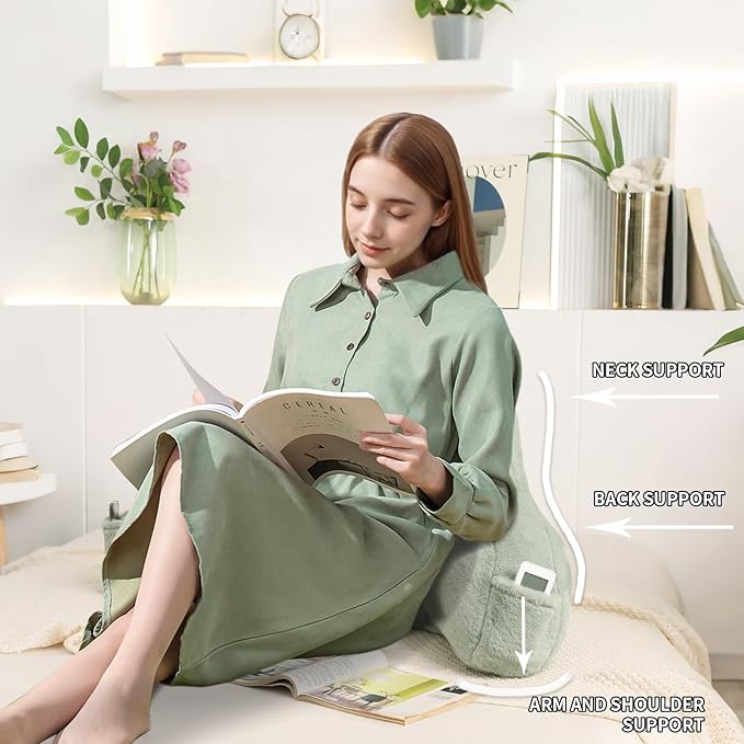 PAJEO Reading Pillow for Sitting in Bed, Large Backrest Reading Pillow with Arm Rest,Back-Rest Support Cushion for Sit Up on Couch, Sofa, and Floor, Dorm Essentials (Green Faux Fur, Large(19"))