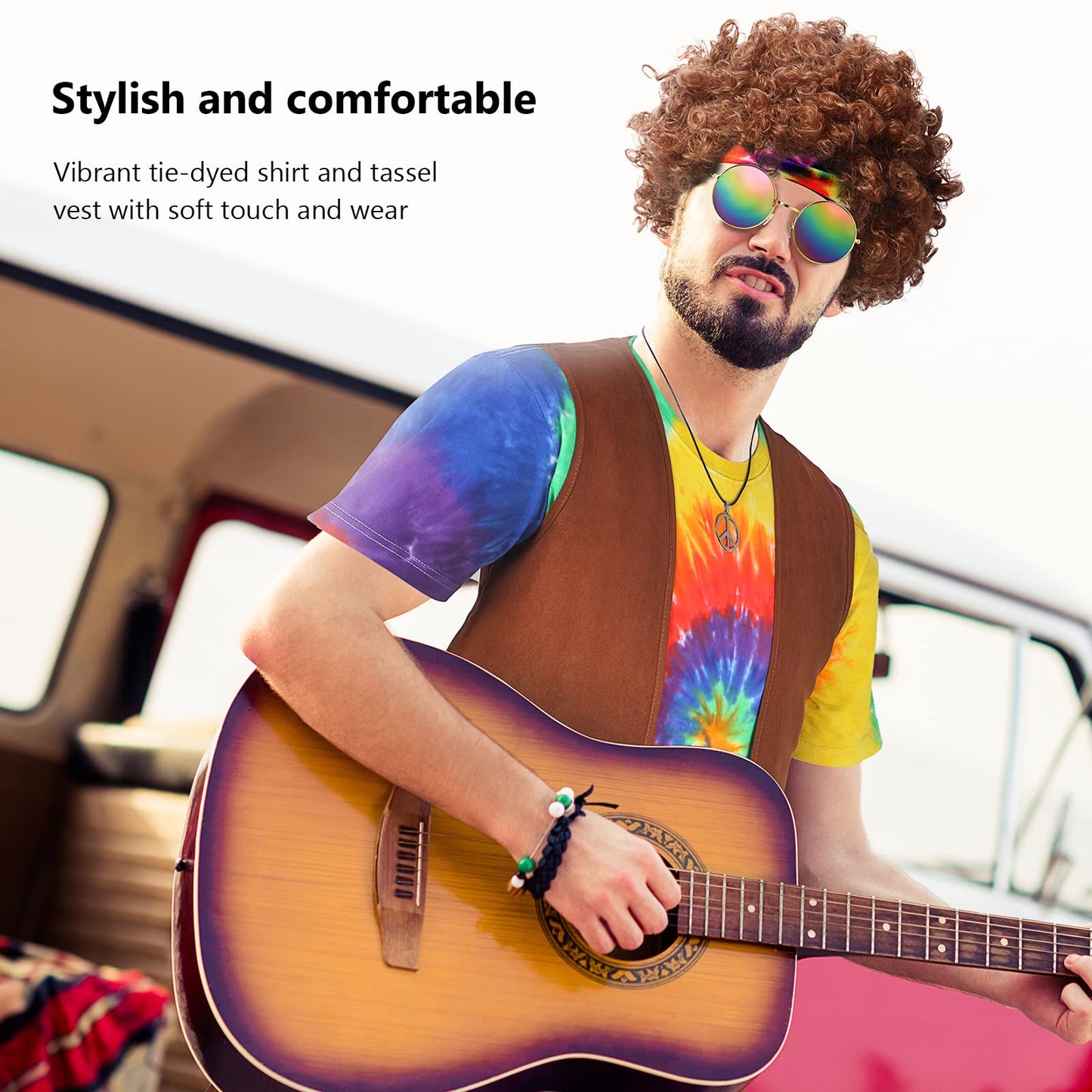 Sintuff 6 Pcs Men's Hippie Costume Set Hippie Fringe Vest Accessories for 60 70s Carnival Party Halloween Outfits(XL)