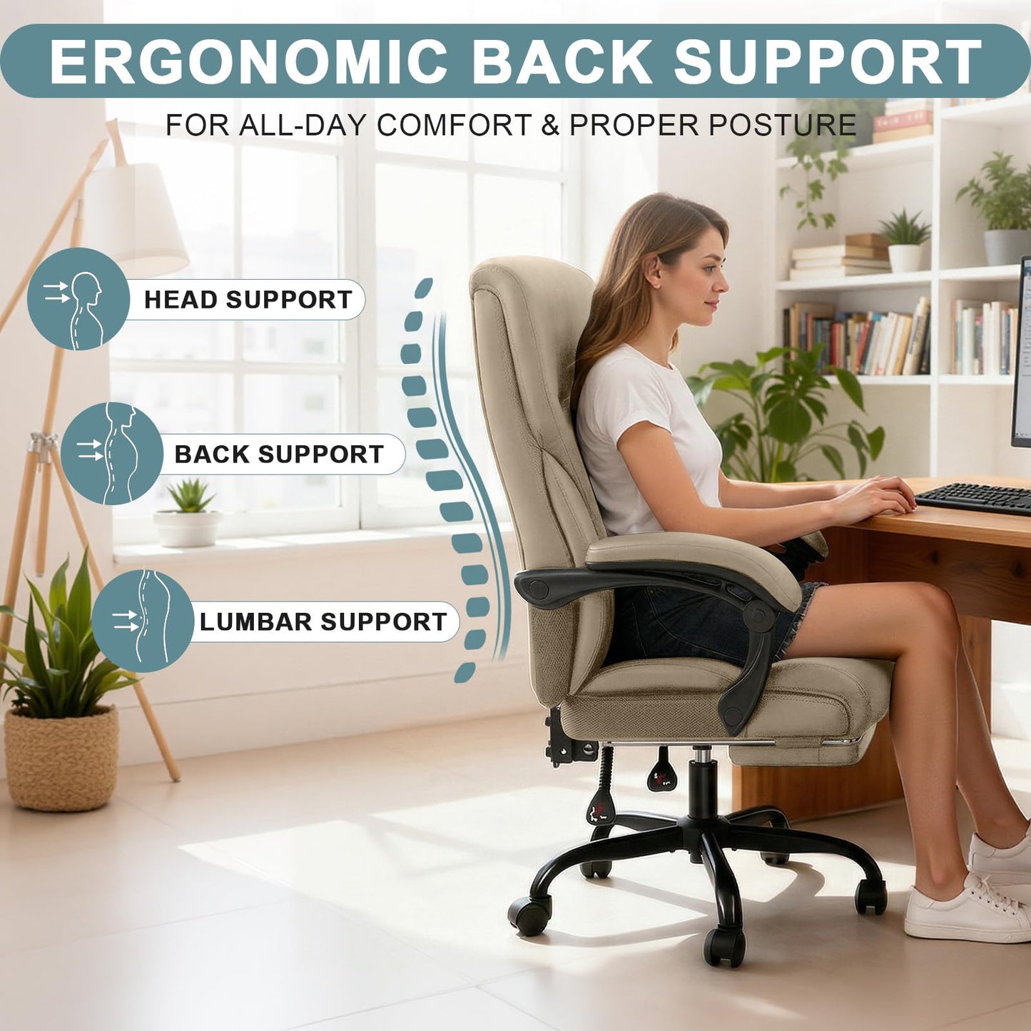 Executive Office Chair,High Back Ergonomic Comfy Desk Chair with Footrest and Padded Linkage Armrests,PU Leather Heavy Duty Computer Swivel Rolling Task Chair for Home Office,Adults,Khaki