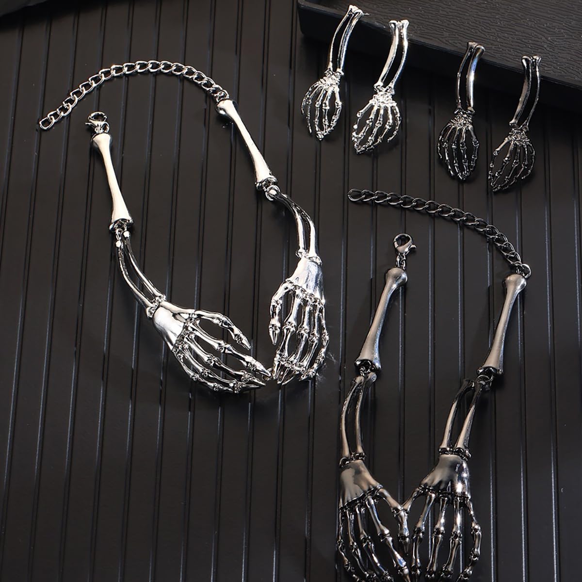 MSSIEJEW Halloween Necklace Earrings for Women Skull Hand Choker Necklace Skeleton Hand Earrings Gothic Punk Jewelry Set(silver)